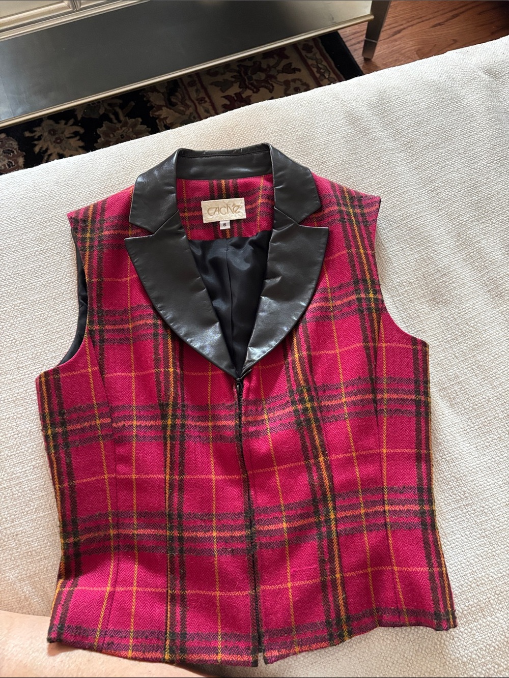 Cache Red Plaid Vest with Black Faux Leather Lapel